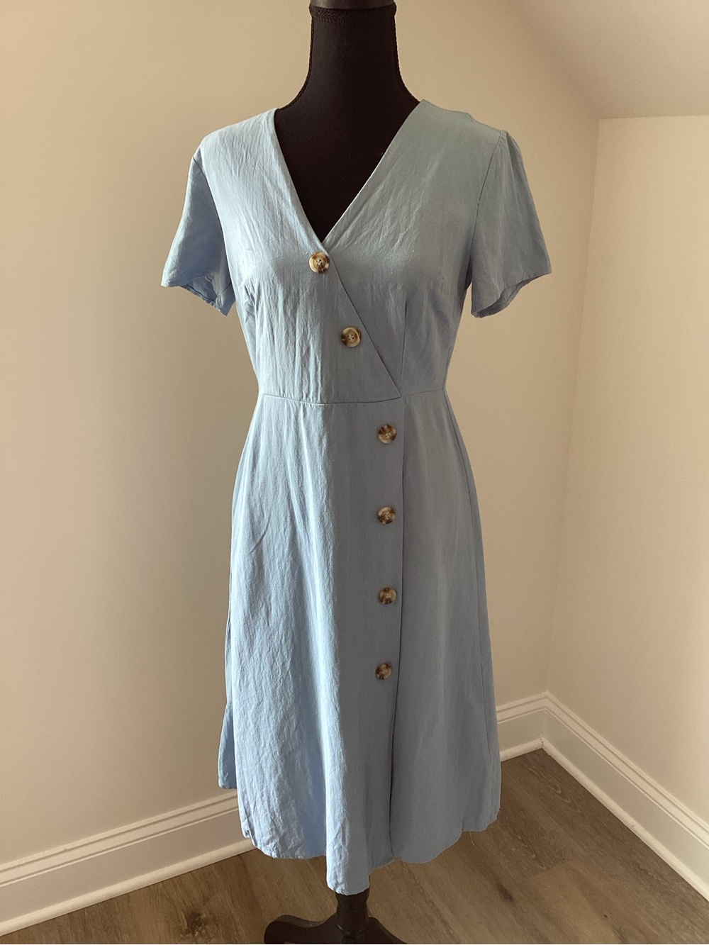 Everly Linen Blend Faux Wrap Midi Dress Blue Coastal Grandmother Small